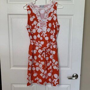 Mud Pie Small Floral Orange Sleeveless Avery Crochet Neck Shift Dress Tie Belt